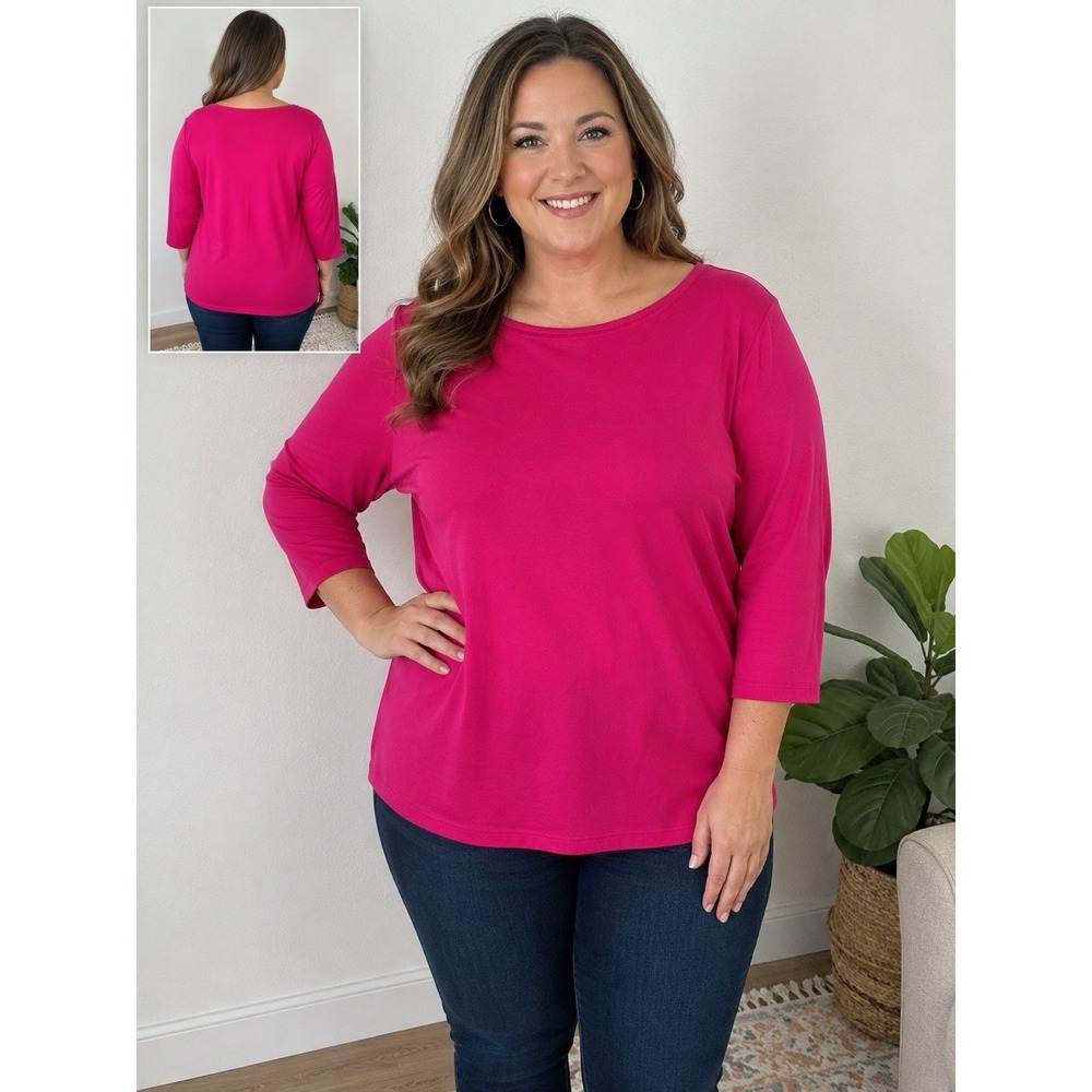 Talbots Woman Petites 2XP Pink Pima Cotton 3/4 Sleeve Boat Neck Tee Top -2686